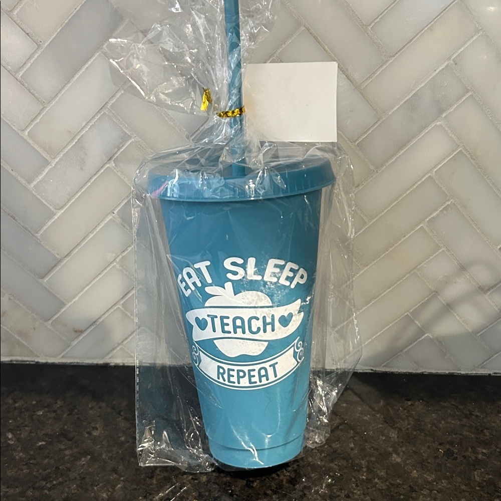 Eat Sleep Teach Repeat Plastic Blue Cup Blue 24 oz Tumbler teacher appreciation